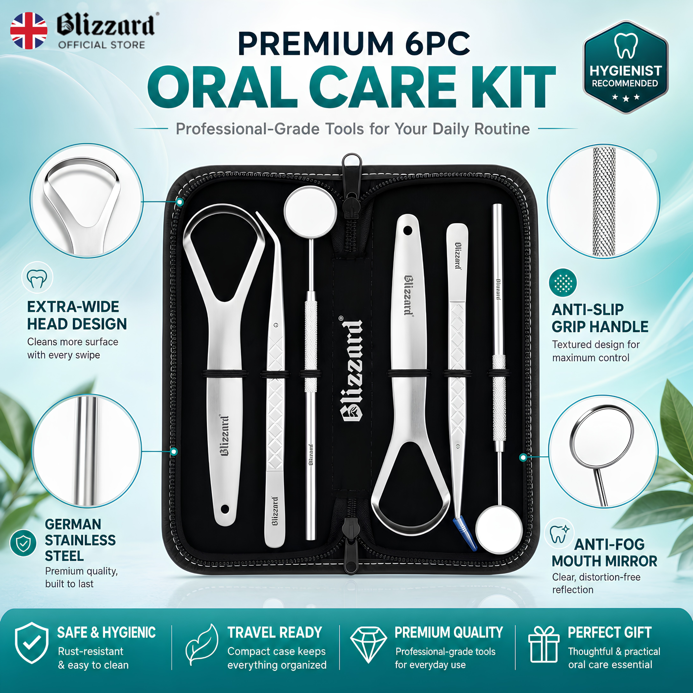 Premium 6-piece oral care kit features