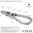 Load image into Gallery viewer, Key features of Blizzard® 12cm heavy duty toenail clippers – premium German steel, ergonomic design, barrel spring, clean and safe cutting for thick nails