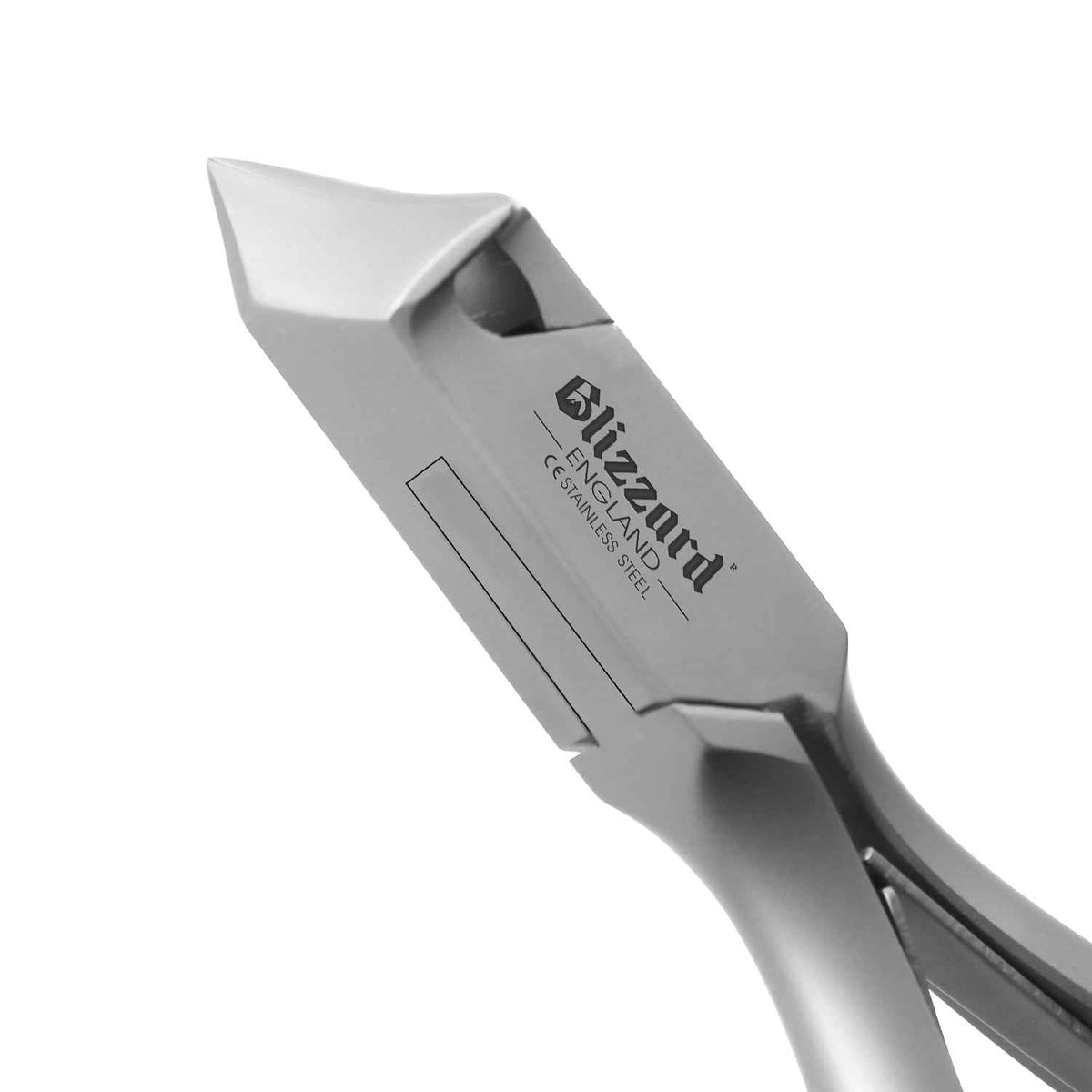 Close-up of Blizzard® 14cm moon head podiatry toenail clippers showing sharp curved blades and ergonomic smooth handles for precise nail cutting