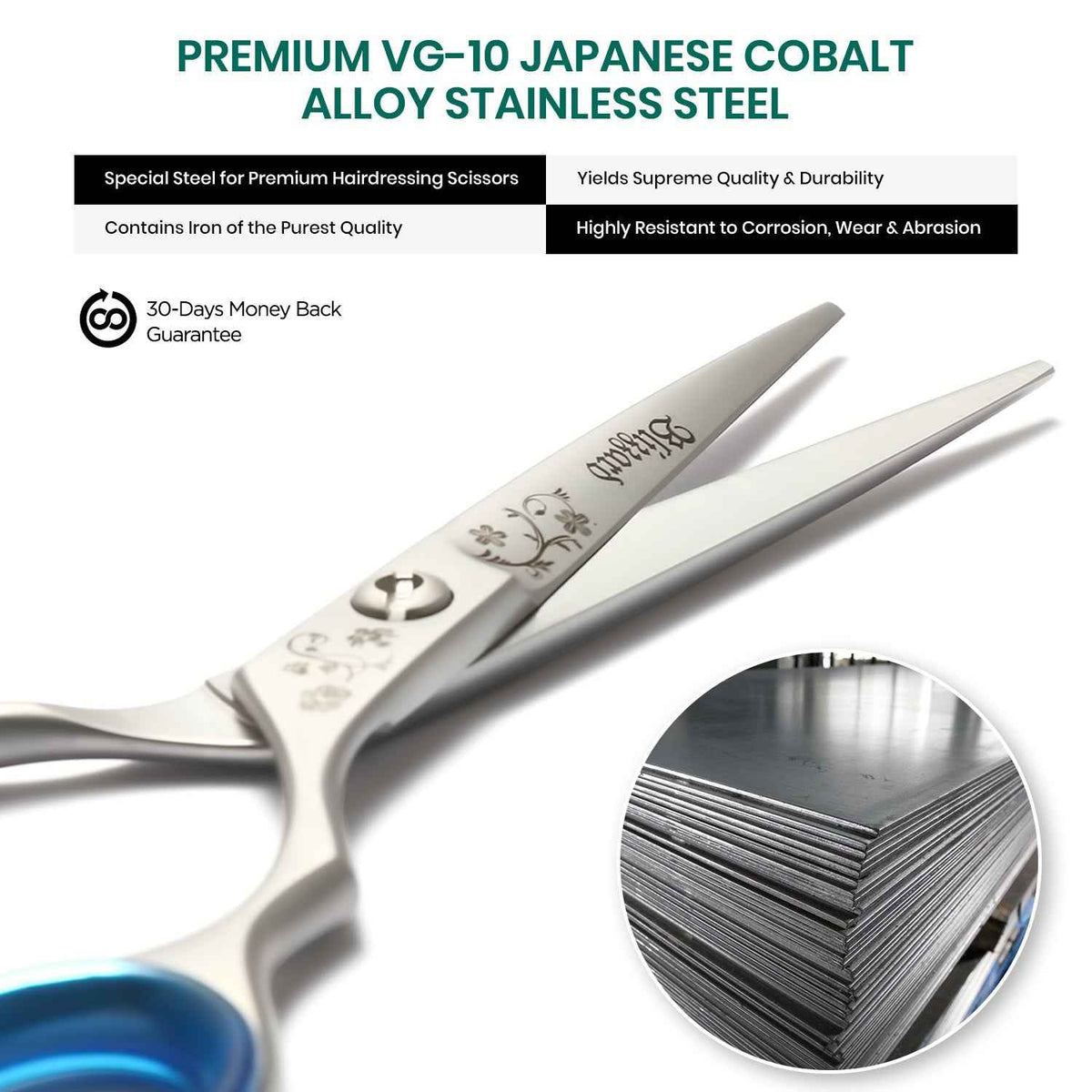 Close-up of Blizzard® VG-10 cobalt professional hair cutting scissors showing convex edge blades and matte finish