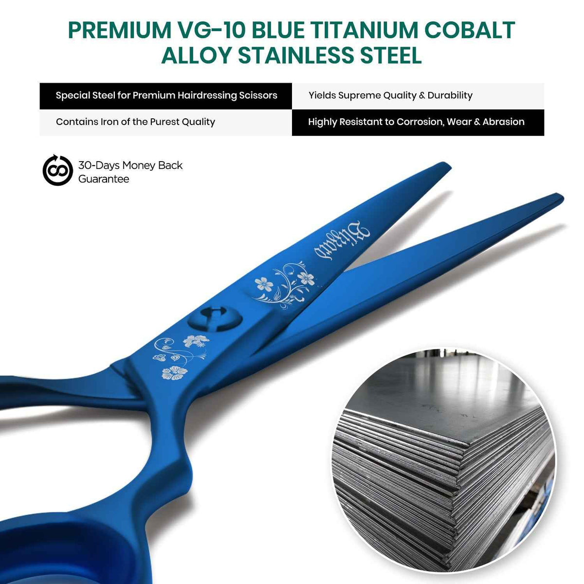 Close-up of Blizzard® VG-10 cobalt professional hair cutting scissors showing convex edge blades and blue titanium finish
