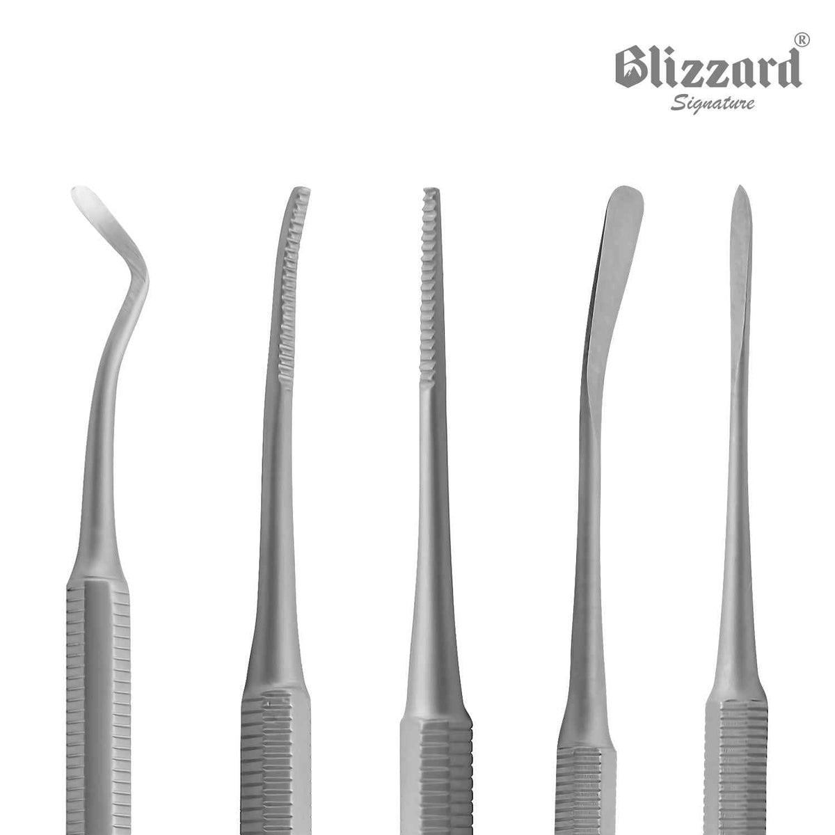 Close-up of Blizzard® stainless steel double-ended files and probe for precise ingrown toenail removal and cleaning