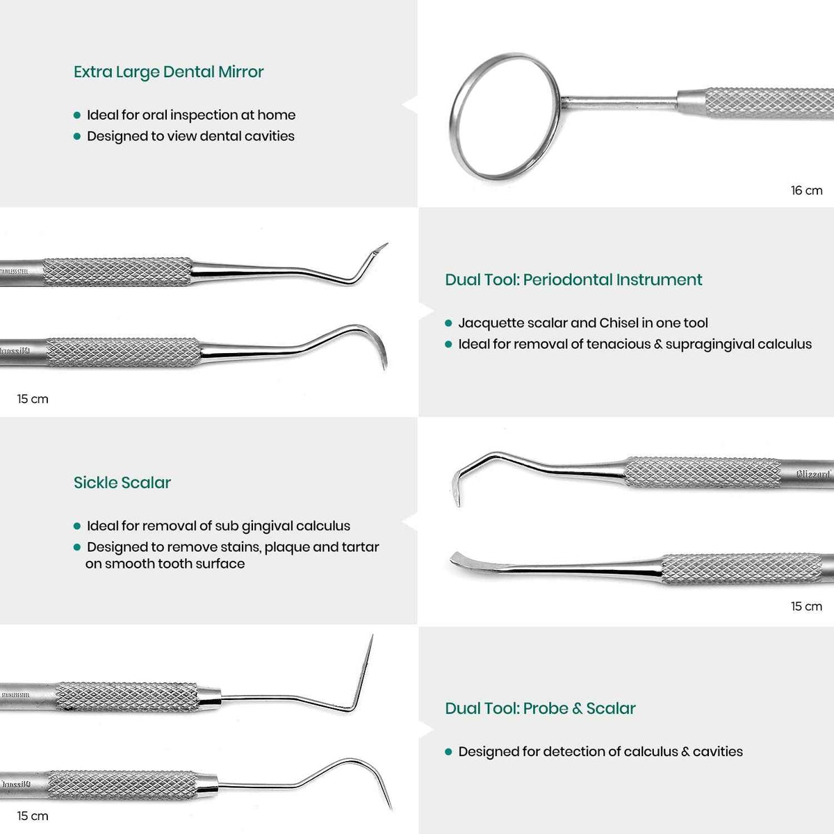 Close-up of Blizzard® dental tools showing stainless steel mirror, probe, tartar scraper, and scaler