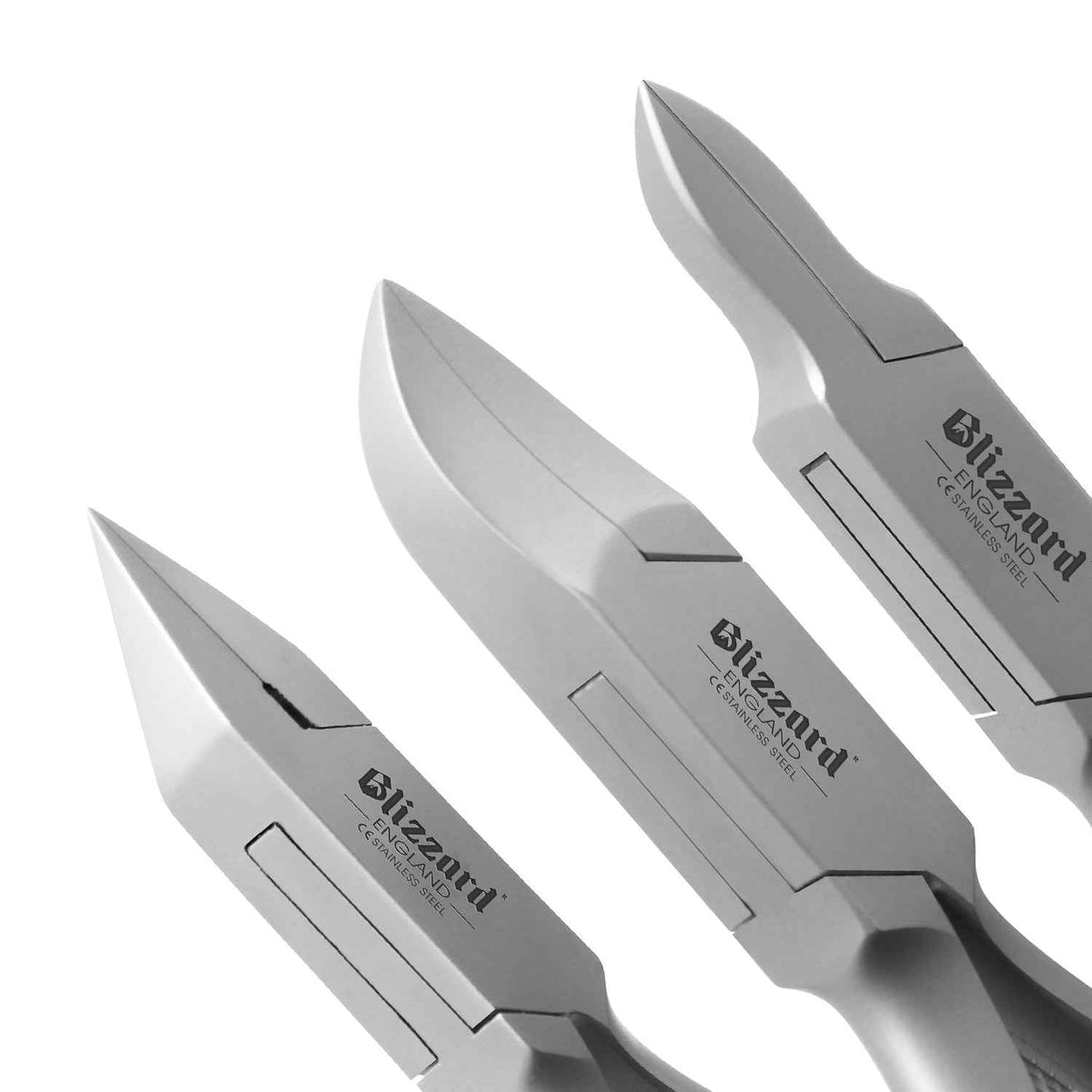 Close-up of Blizzard® podiatry nail clippers showing concave, arrow, and flame heads for accurate ingrown toenail treatment