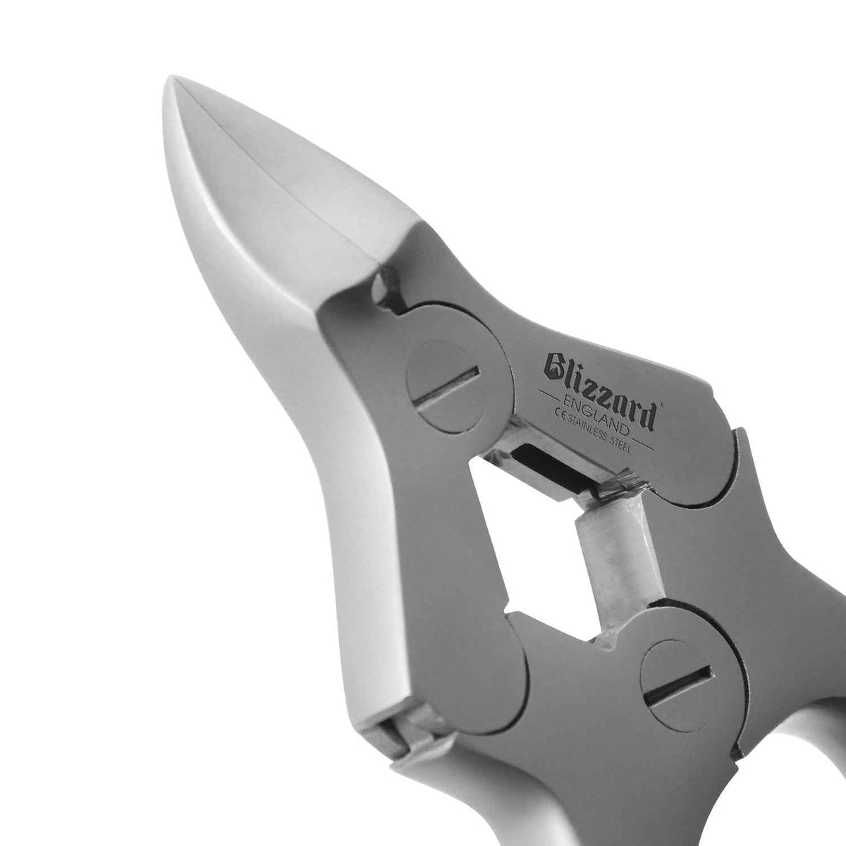 Close-up of Blizzard® podiatry toenail clippers showing sharp blades, ergonomic chequered handles, and double spring design for precision cutting