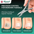 Blizzard nail clippers with a hand using them, labeled for ingrown toenails on a green background.