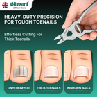 Advertisement for toenail clippers with text about heavy-duty precision and a hand holding the clippers.