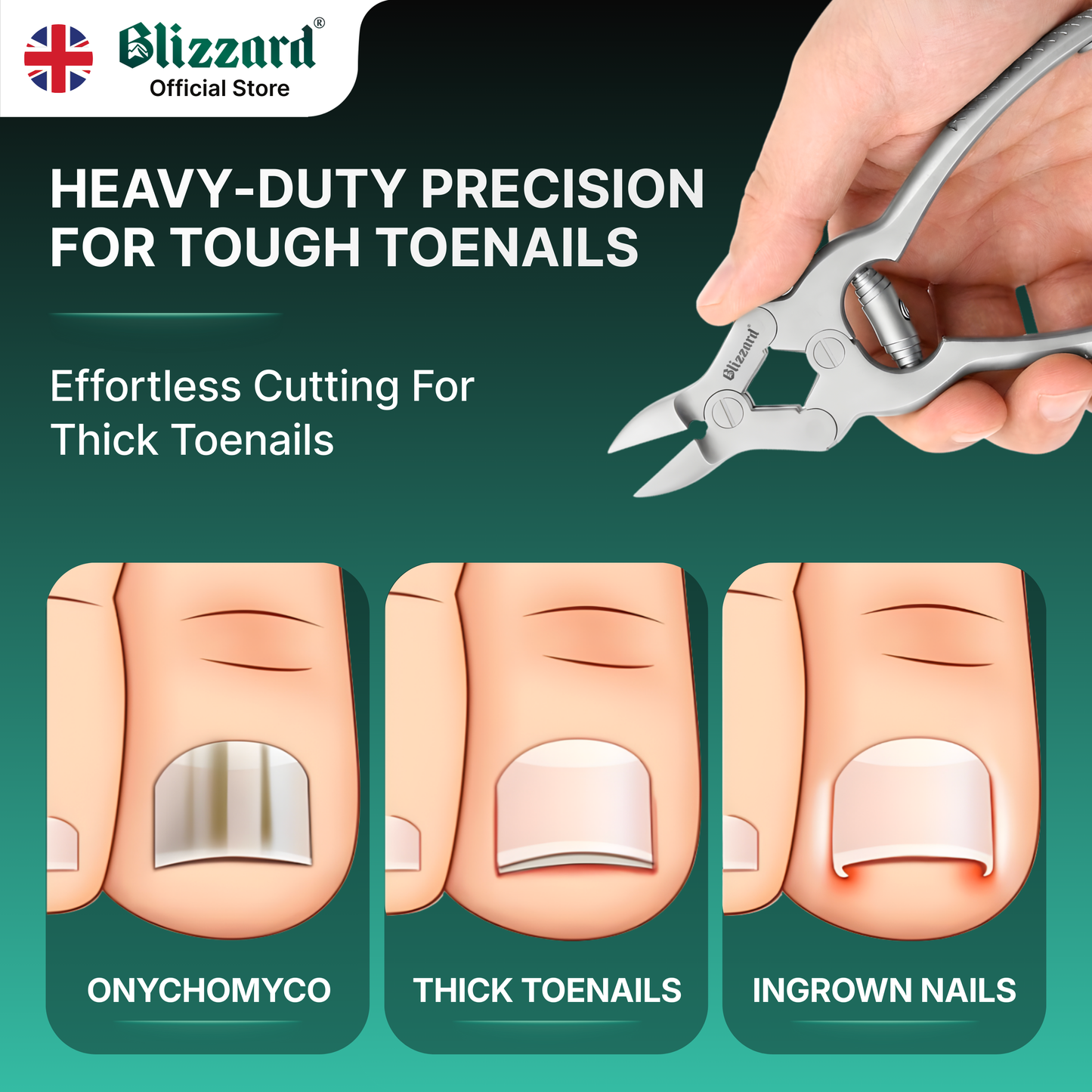 Advertisement for toenail clippers with text about heavy-duty precision and a hand holding the clippers.