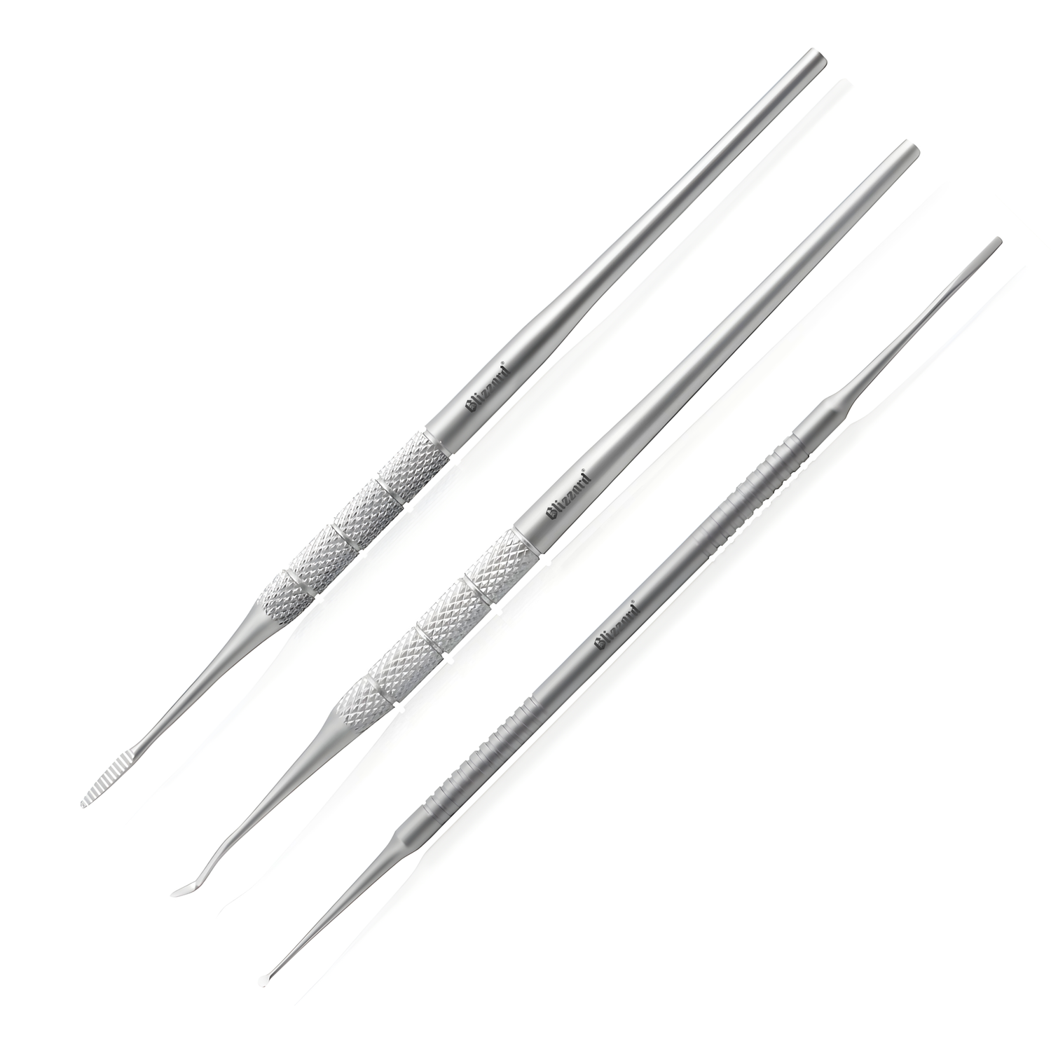 Set of three metal tools on a white background