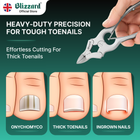 Advertisement for toenail clippers with text about heavy-duty precision and a hand holding clippers.