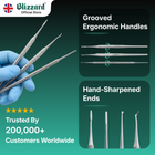 Promotional graphic for dental tools with gloved hand and text about handles and ends, featuring Blizzard logo.