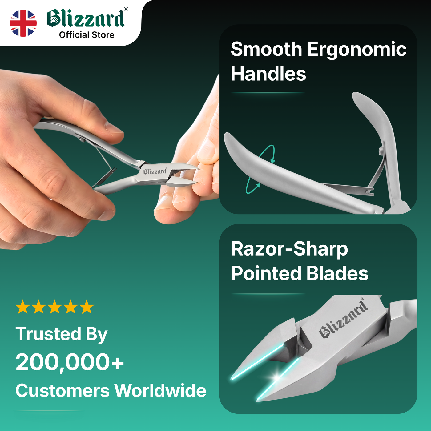 Blizzard nail clippers with smooth ergonomic handles and razor-sharp pointed blades, trusted by 200,000+ customers worldwide.