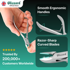 Nail clippers with smooth ergonomic handles and razor-sharp curved blades, held in a hand, on a green background with Blizzard branding.