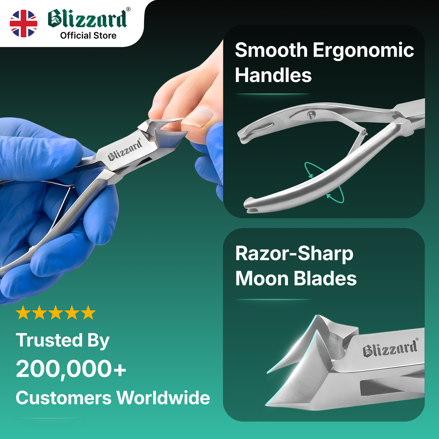 Blizzard tool with smooth ergonomic handles and razor-sharp moon blades, held by a hand in blue gloves.