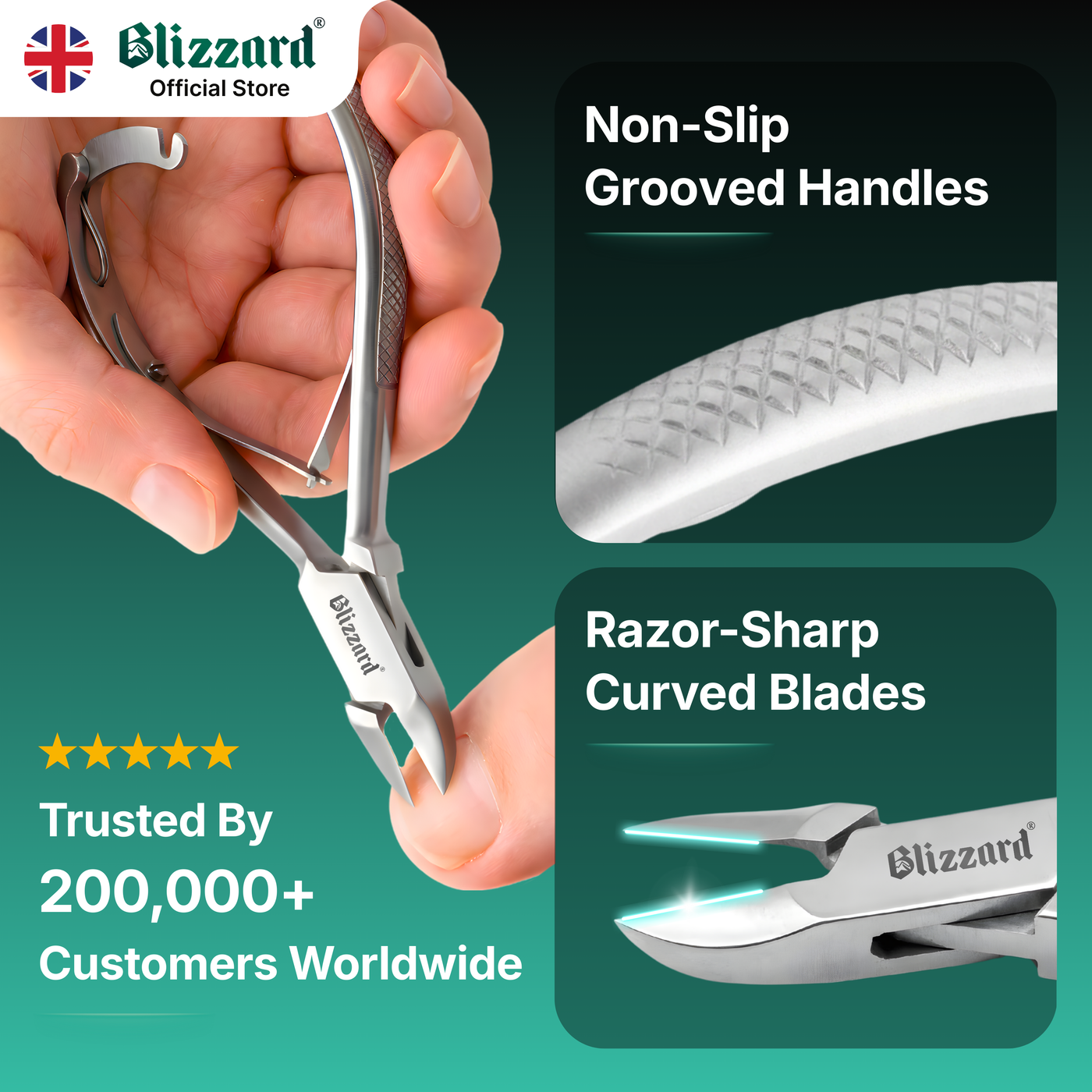 Blizzard nail clippers with non-slip handles and razor-sharp blades, held in a hand.