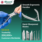 Blizzard dental tool with smooth ergonomic handles and hand-sharpened blades, held by a gloved hand.