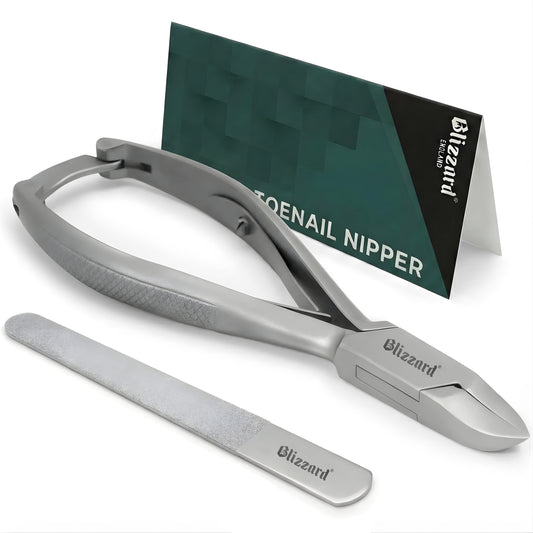 Toenail nipper with a branded card on a white background
