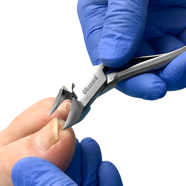 Nail clippers being used on a finger with blue gloves on a white background