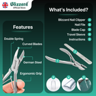 Blizzard nail clipper set with features and included items displayed on a green background.