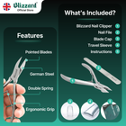 Blizzard nail clipper set with features and included items on a green background