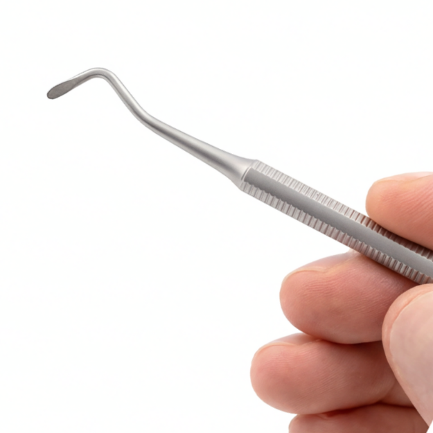 Dental tool held in a hand against a white background