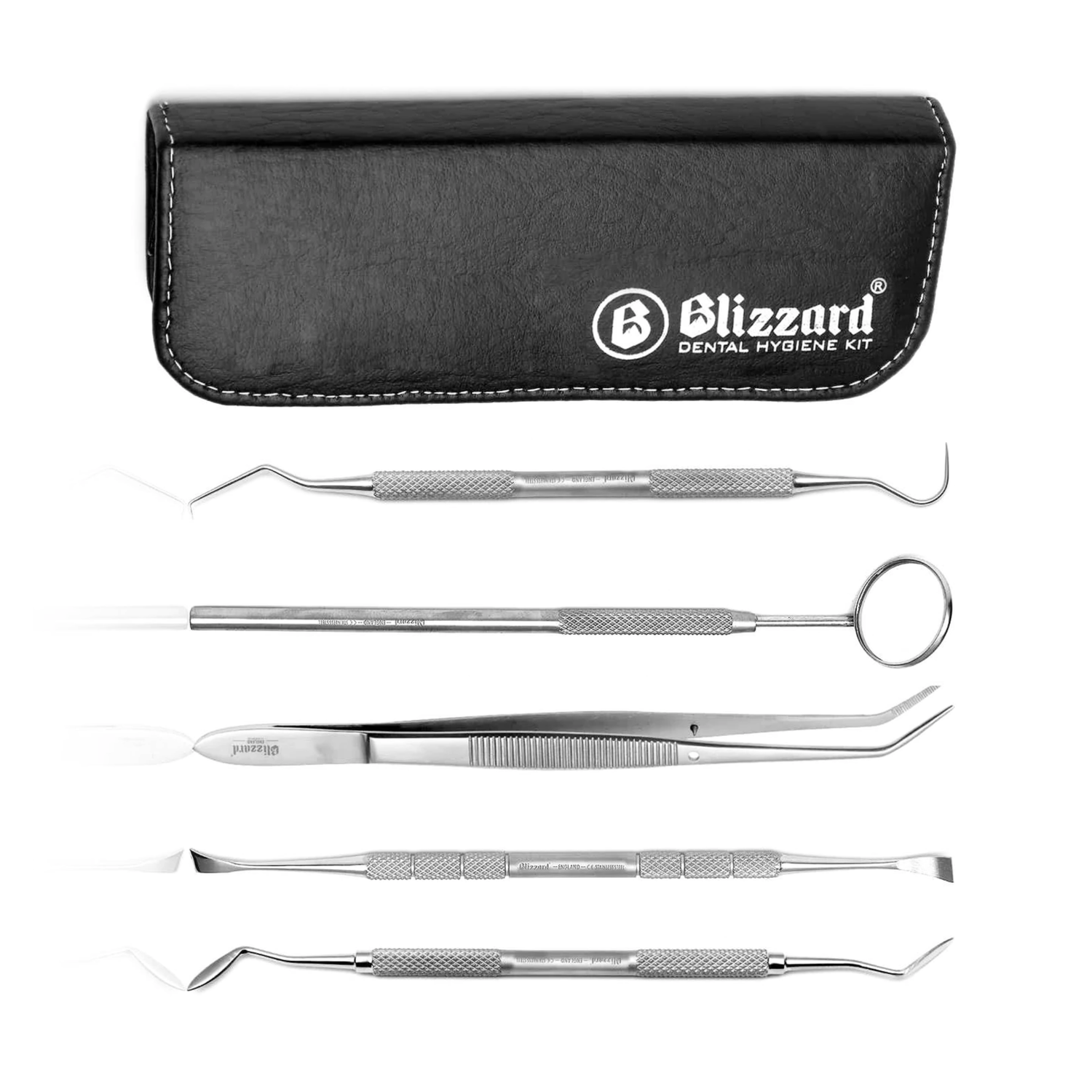 Set of dental tools with a black case labeled 'Blizzard Dental Hygiene' on a white background.