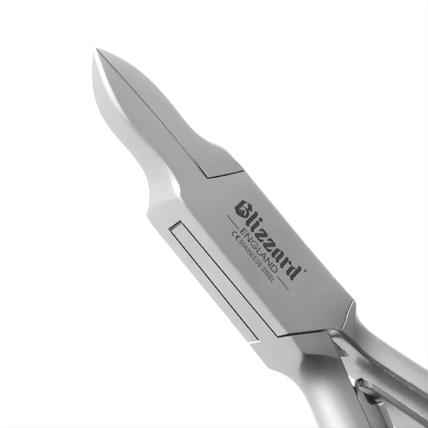 Close-up of a silver pair of scissors with 'Blizzard' branding on a white background