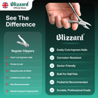 Blizzard nail clippers advertisement with a hand holding clippers and feature list on a green background.