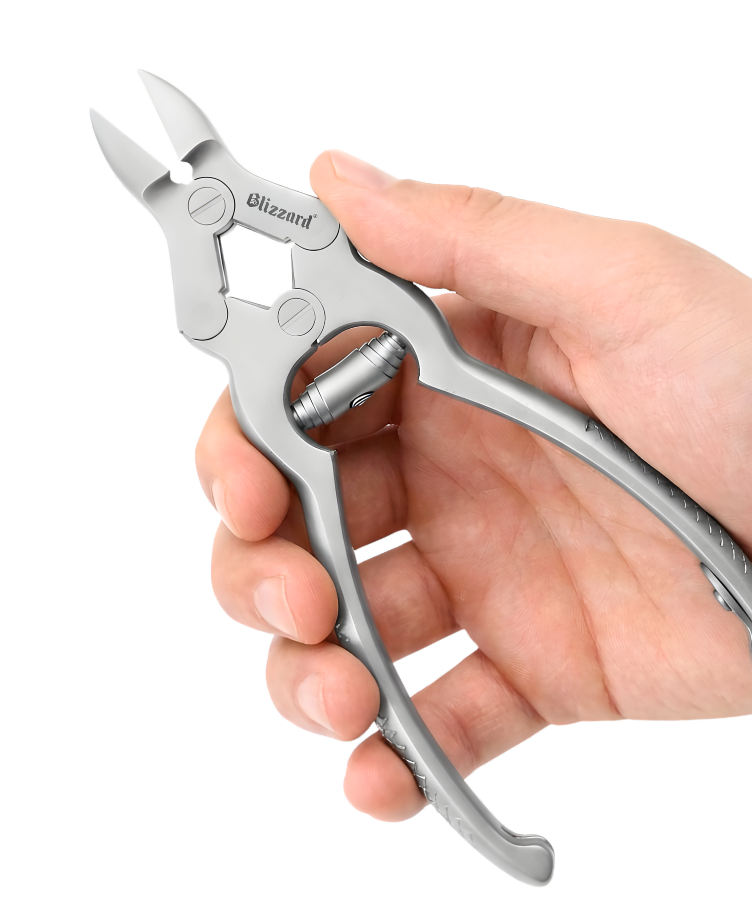 Hand holding a pair of silver pliers with 'Blizzard' branding on a white background