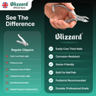 Blizzard nail clippers advertisement with product features and benefits.