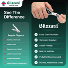 Blizzard nail clippers advertisement with features and benefits on a green background