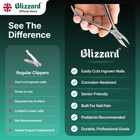 Blizzard nail clippers advertisement with product features and benefits.