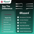Blizzard nail file advertisement with comparison to regular files on a green and black background.