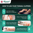 Instructions on how to use toenail clippers with images and text overlay.