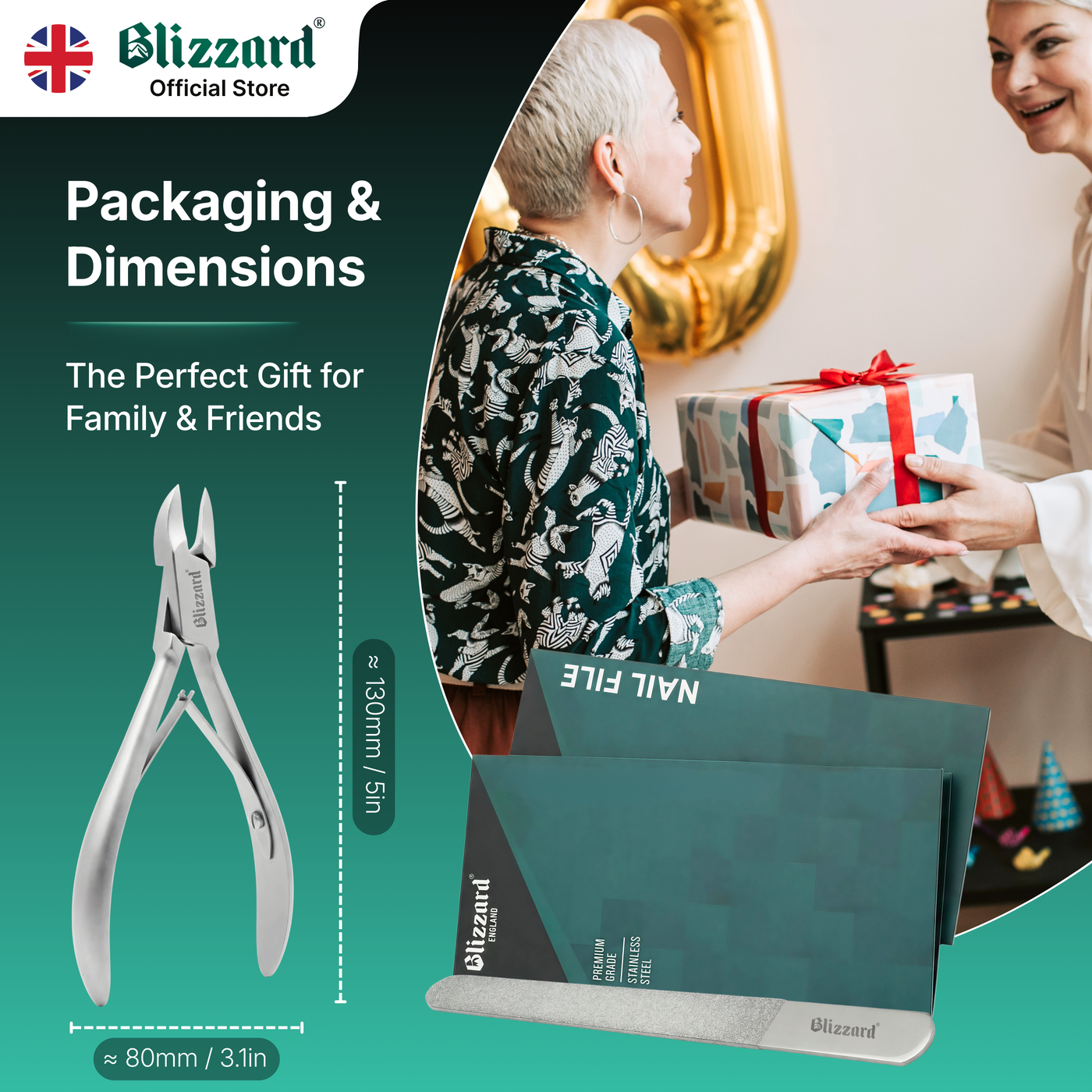 Blizzard Official Store packaging and dimensions with a gift and nail clippers displayed.