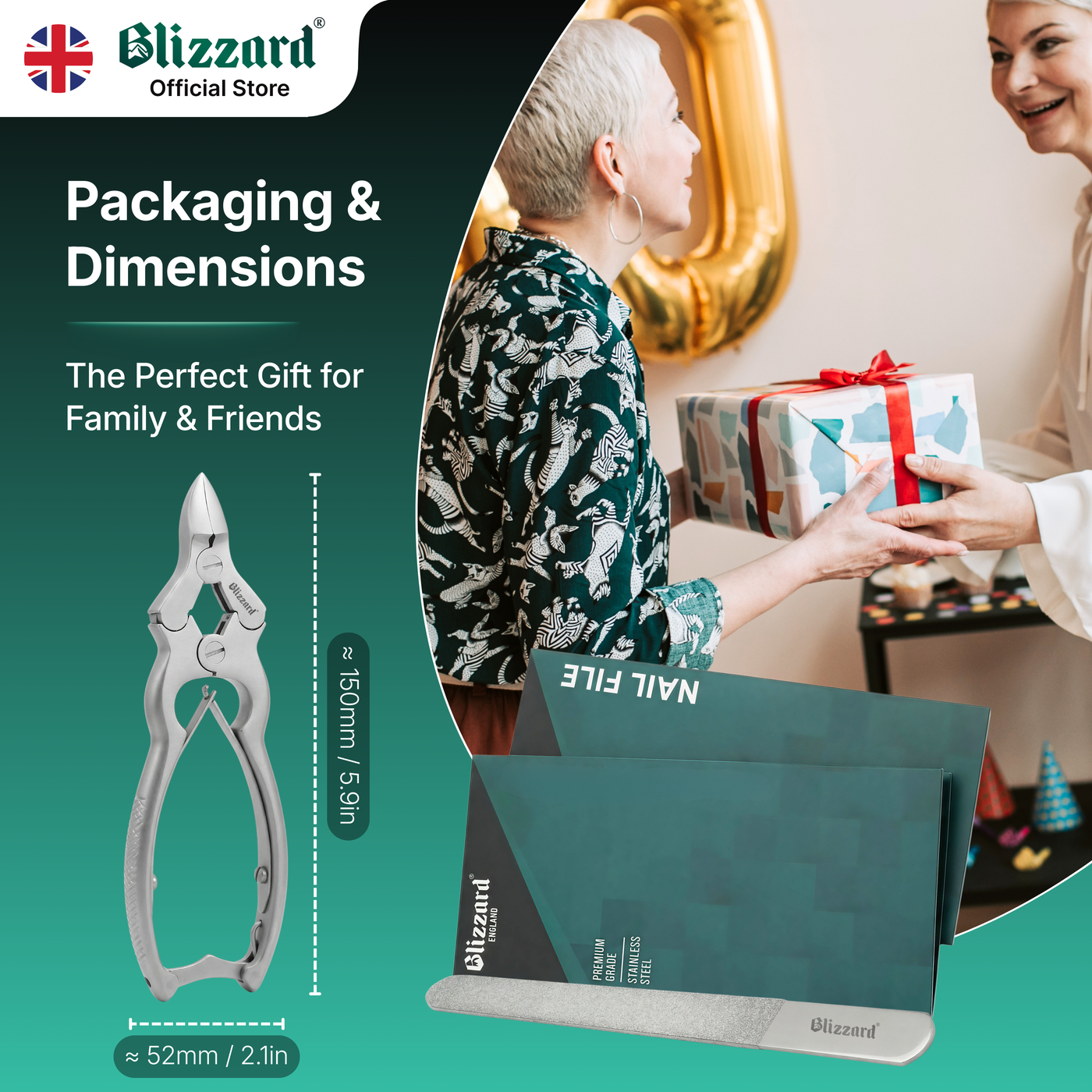 Blizzard Official Store packaging and dimensions with a product and gift exchange scene.