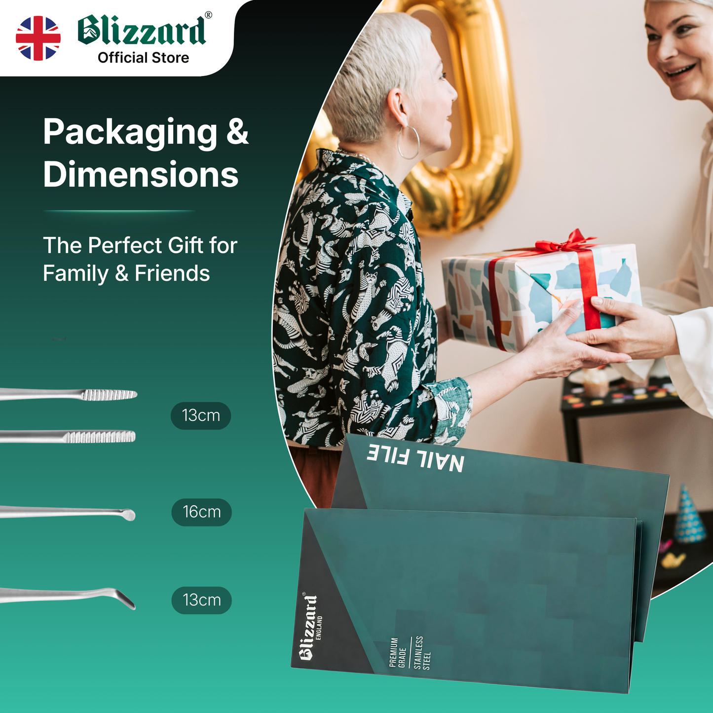 Blizzard Official Store packaging and dimensions with a person receiving a gift.