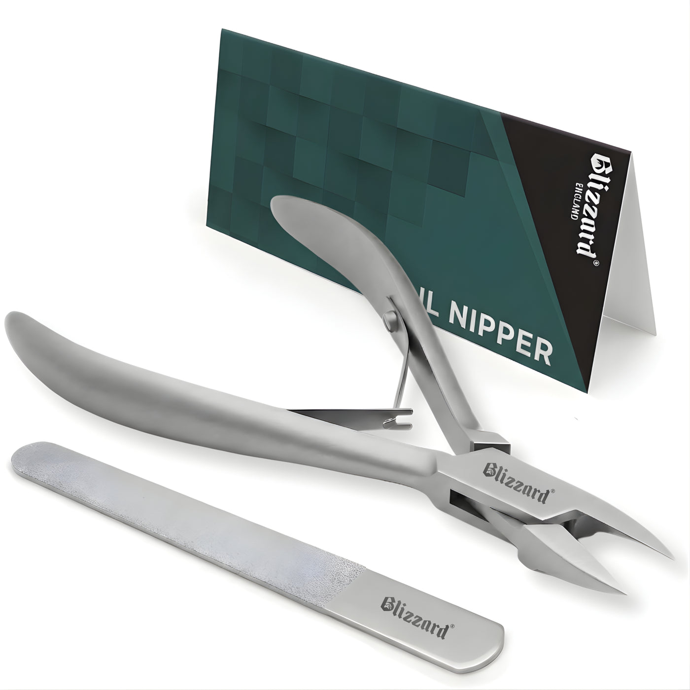 Metal nail nipper with 'Blizzard' branding on a white background