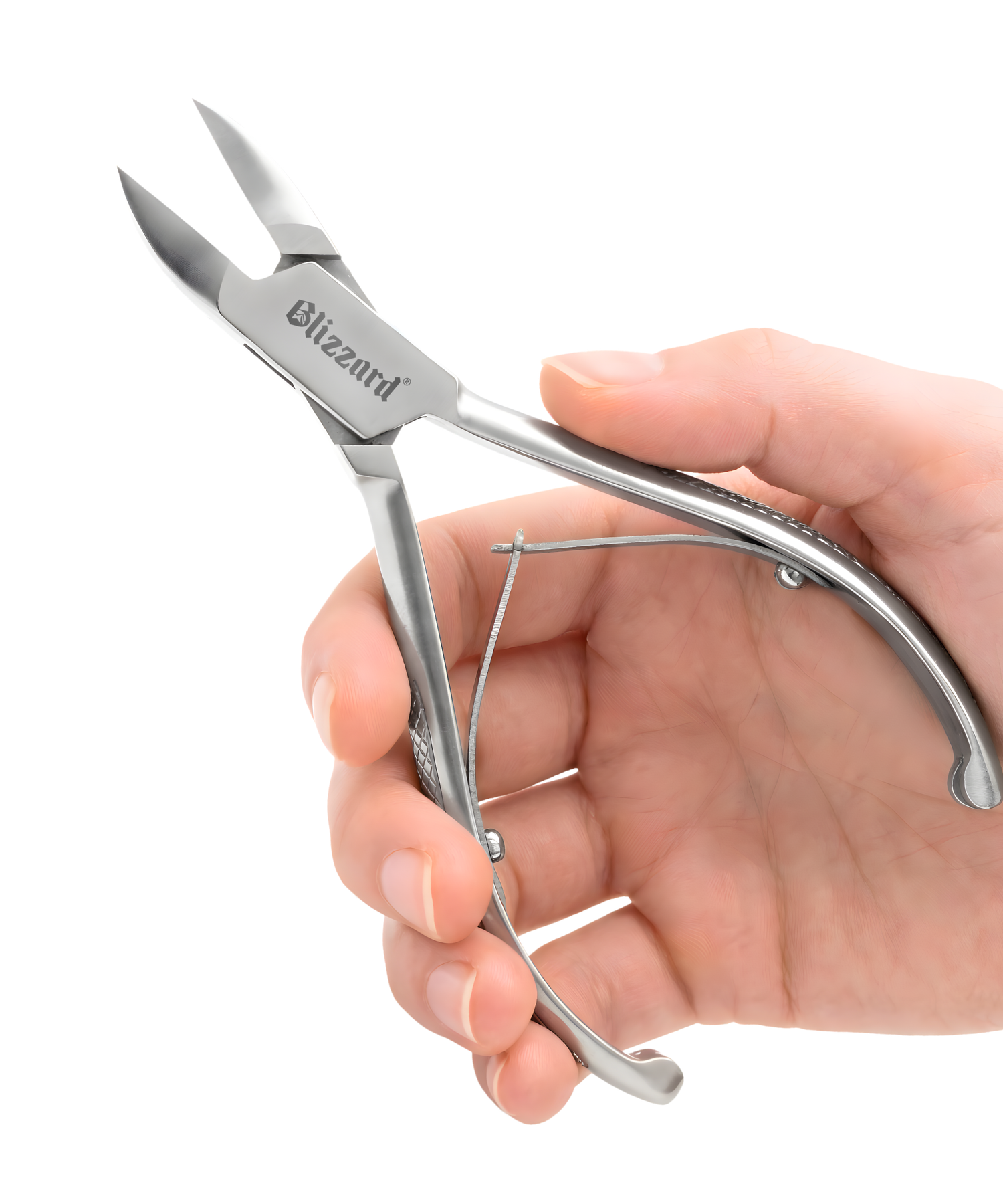 Hand holding a pair of Blizzard nail clippers on a white background