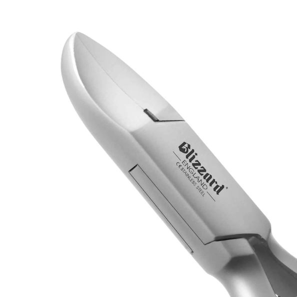 Close-up of a silver kitchen knife with 'Blizzard' branding on a white background