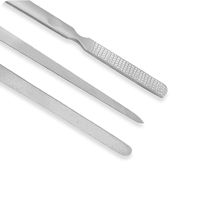 Three metal files of different sizes on a white background