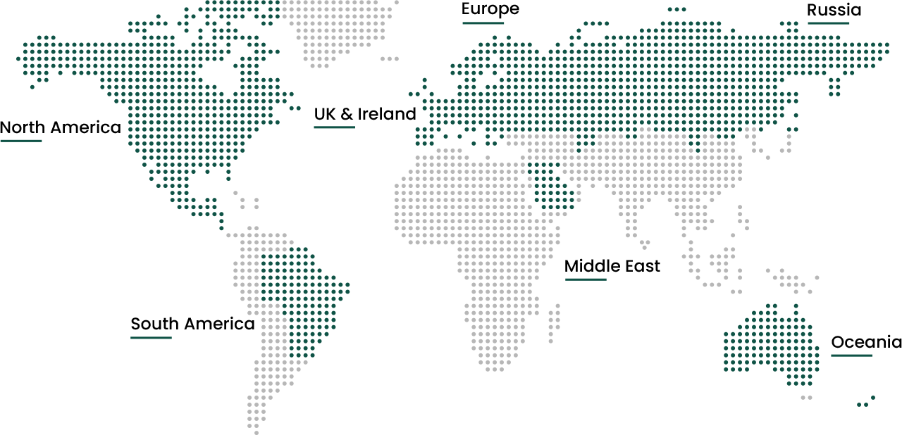 World map with labeled regions on a white background