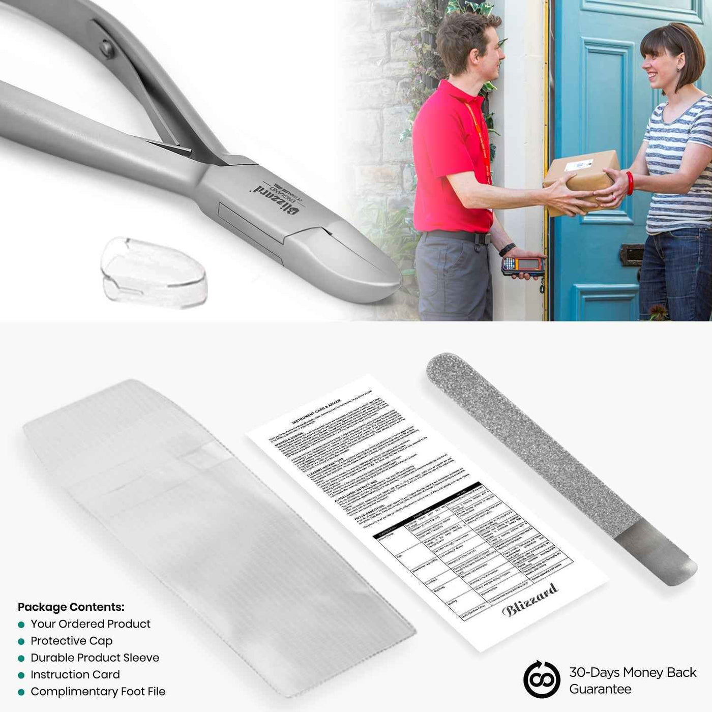 Blizzard® diabetic toenail clipper packaging with safety cap, instruction card, and foot file