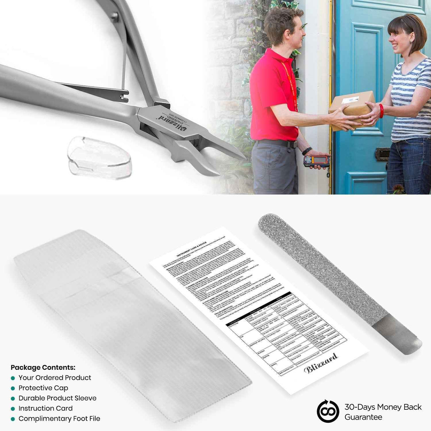 Blizzard® flame head ingrown toenail clipper packaging with safety cap, instruction card, and complimentary foot file