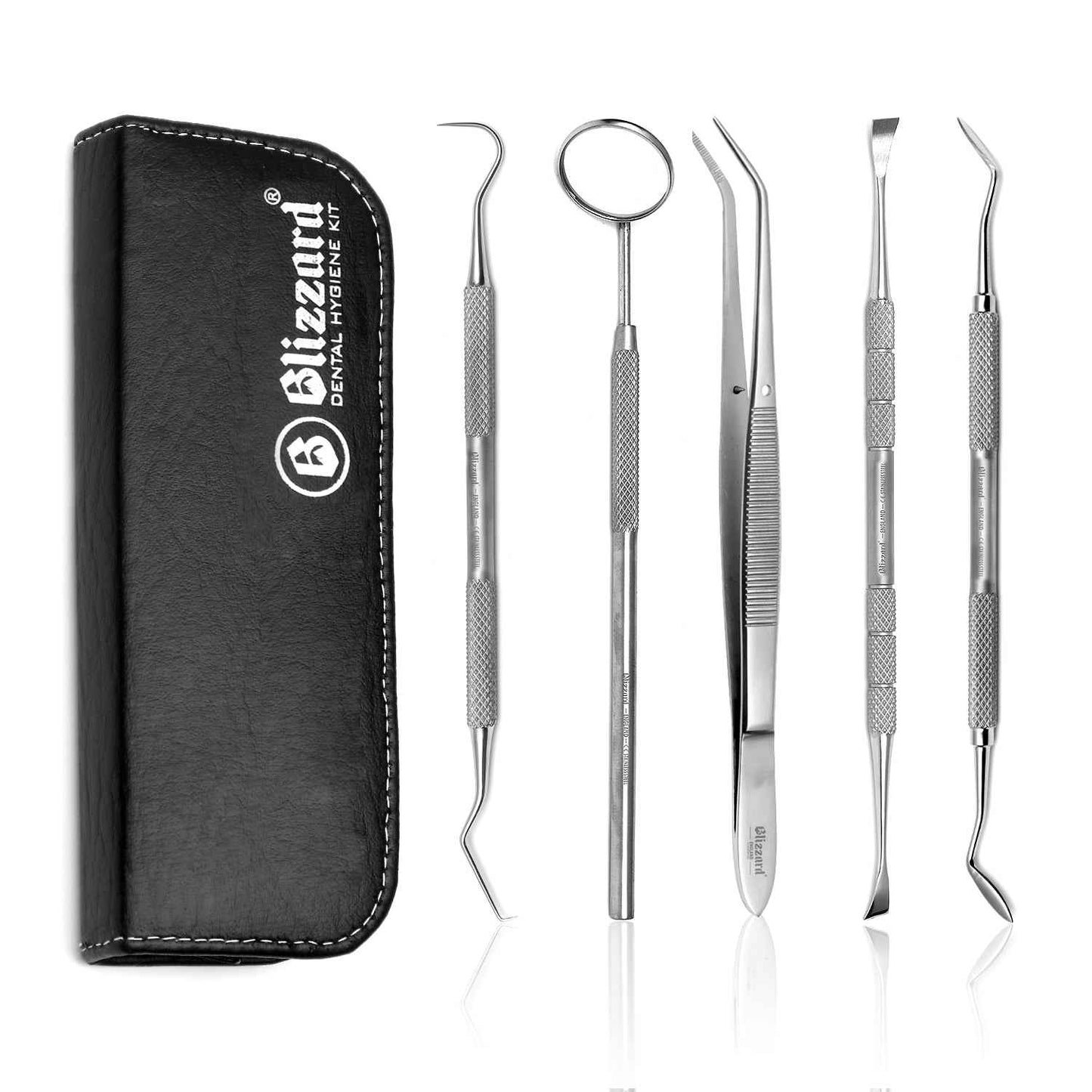 5-piece stainless steel dental care tool kit with mirror, tweezers, and scalers designed for routine personal care and long-term use.