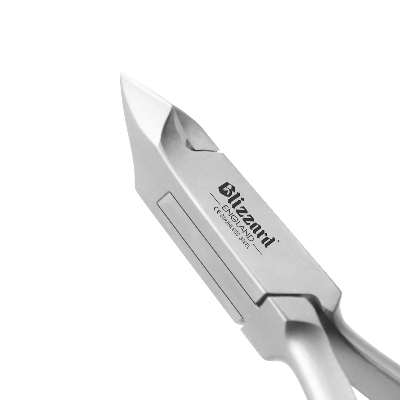 Close-up of Blizzard® cuticle nipper showing sharp 5mm stainless steel blades and ergonomic brushed steel handles