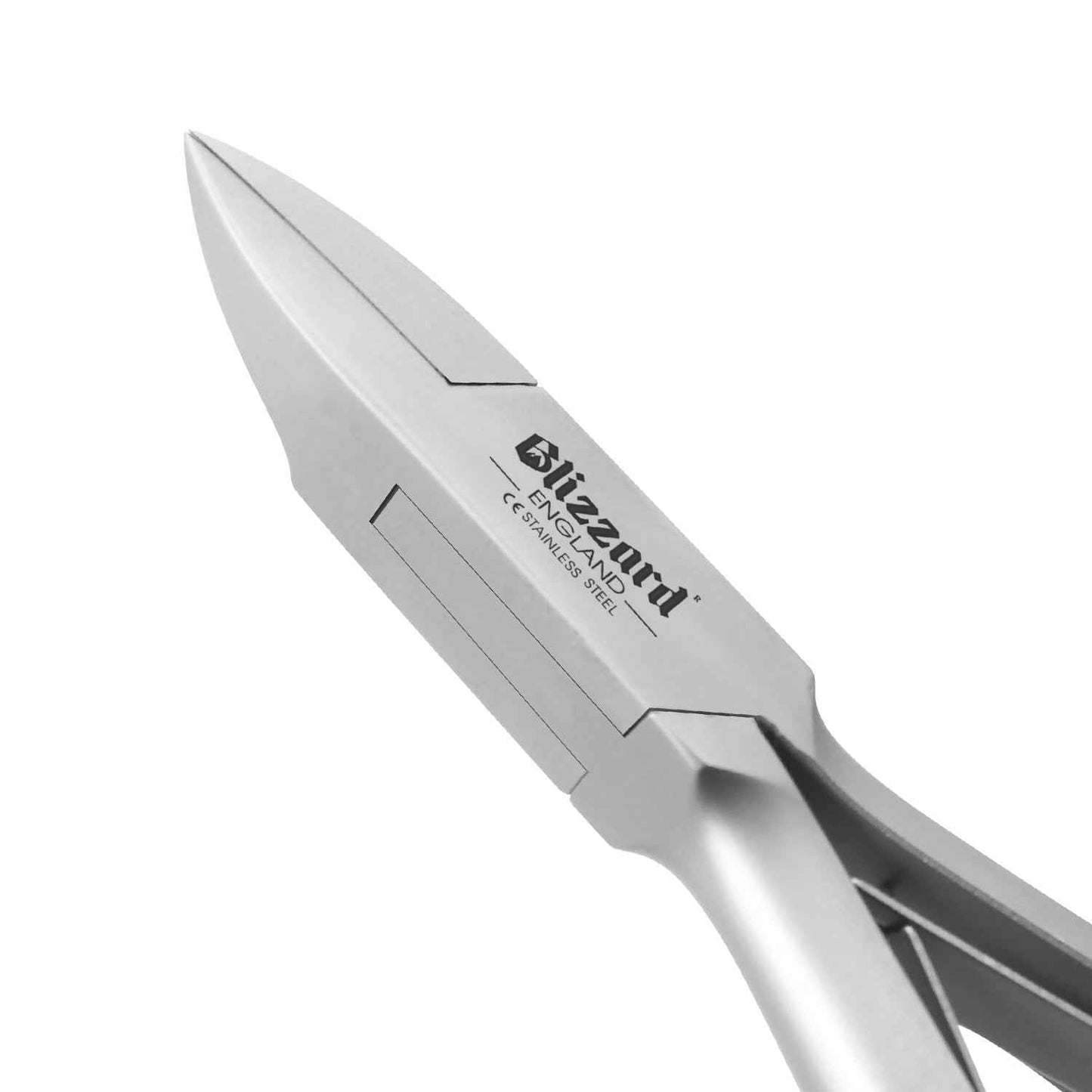 Close-up of Blizzard® straight head ingrown toenail clipper showing sharp stainless steel blades