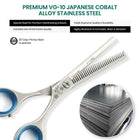 Close-up of Blizzard® VG-10 cobalt thinning scissors showing precision teeth and matte finish blades