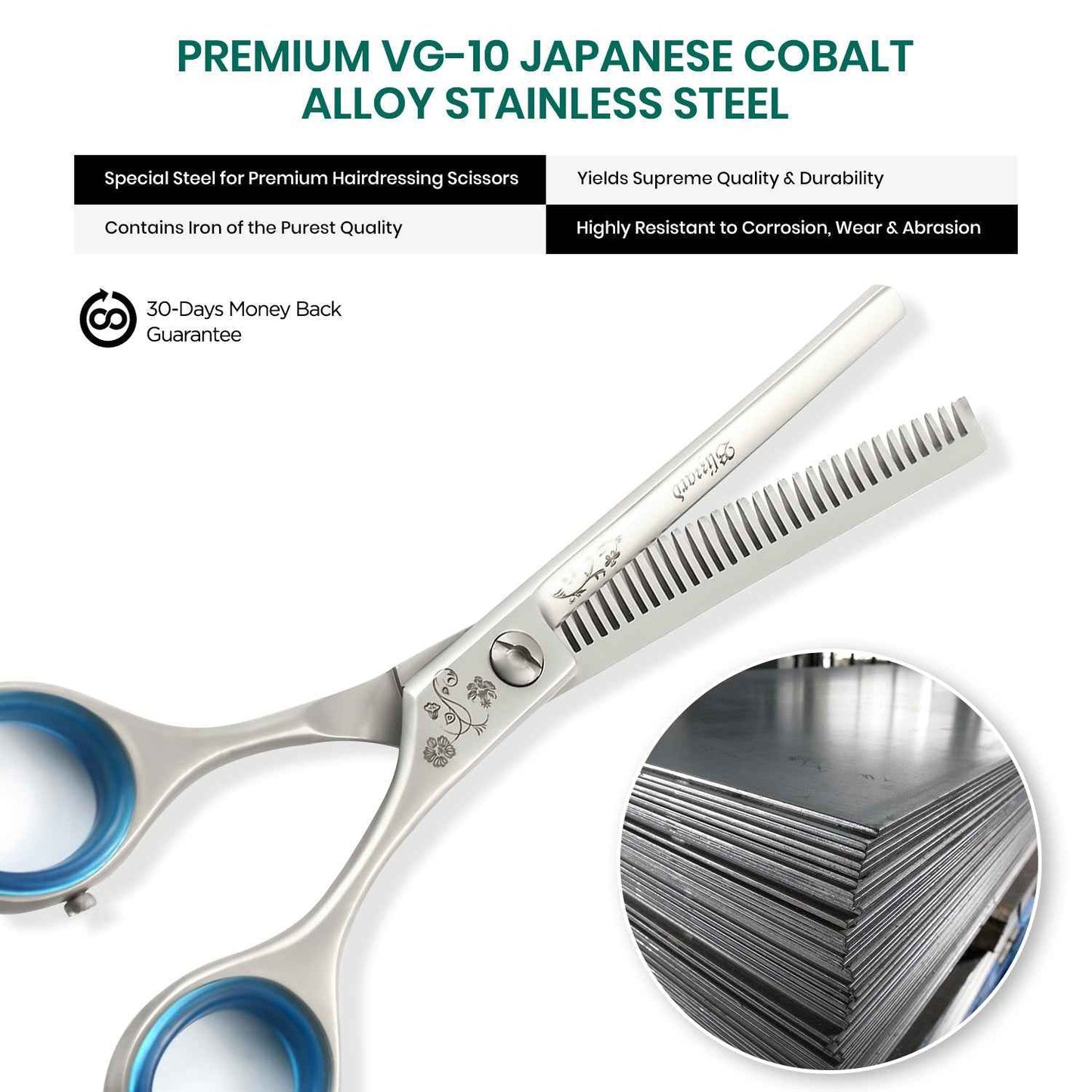 Close-up of Blizzard® VG-10 cobalt thinning scissors showing precision teeth and matte finish blades