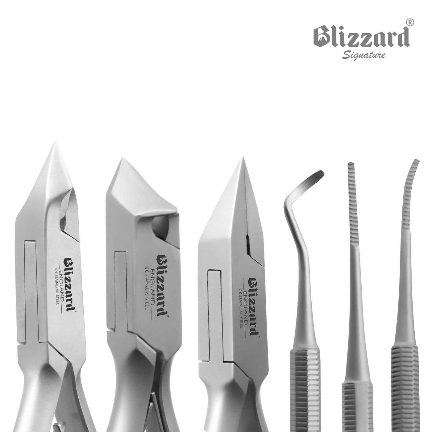 Close-up of Blizzard® podiatry instruments showing precision tips, ergonomic handles, and heavy-duty German steel construction for professional foot care